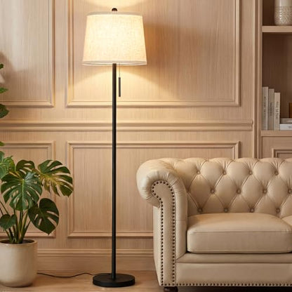 JUNNAI 【Upgraded】 Modern Black Floor Lamp 63in Standing Lamp for Living Room Bedroom Office 3 Way Brightness Dimmable Tall Pole Light with Beige Linen Shade Metal Shade 8W 3000K LED Bulb Included - color: Black