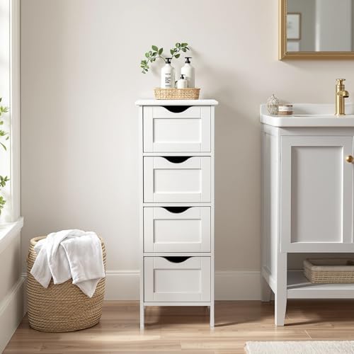Bonnlo Skinny Bathroom Floor Storage Cabinet,White 12 Inch Wide Deep Small Storage Organizer with 4 Drawers, Wooden Modern Thin Free Standing Tower Cabinet w/ 4 Cute Drawers for Bathroom, Living Room - color: White