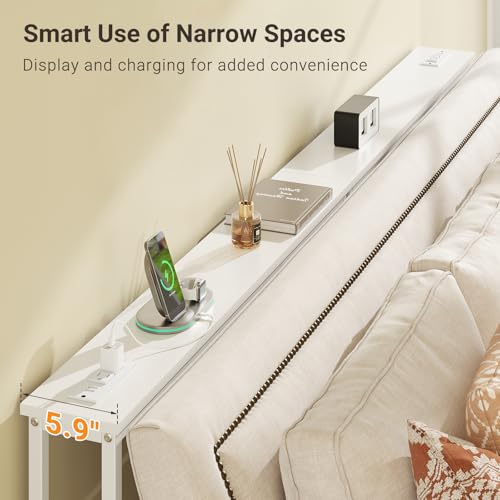 ELYKEN 39.4'' Narrow Console Table with Outlet, Sofa Table Behind Couch | Skinny Entryway Tables with Charging Station for Living Room, Hallway, 5.9 x 39.4 x 29.5in, White - color: White, size: 5.9"DX39.4"WX29.5"H