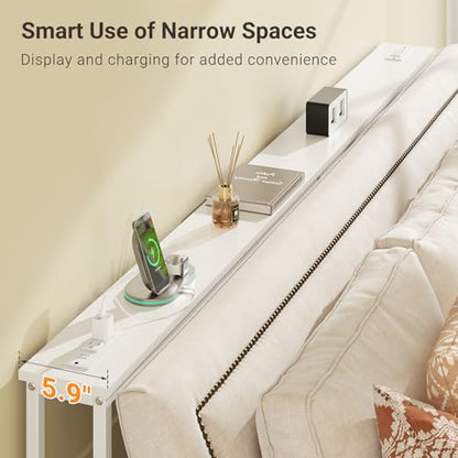 ELYKEN 39.4'' Narrow Console Table with Outlet, Sofa Table Behind Couch | Skinny Entryway Tables with Charging Station for Living Room, Hallway, 5.9 x 39.4 x 29.5in, White - color: White, size: 5.9"DX39.4"WX29.5"H