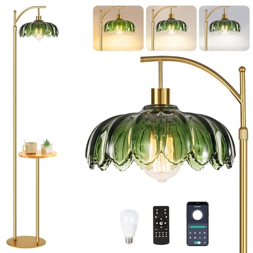 QIYIZM Glass Floor Lamp with Table and Shelves for Living Room Bedroom,Gold Standing Lamp with Remote Dimmable,Boho Brass Tall Lamp Vintage Farmhouse Arc Green Flower Floor Light Bohemian - size: 23-Floor Lamp