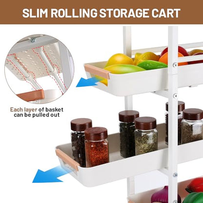 Slim Storage Cart, 5-Tier Narrow Rolling Kitchen Laundry Room Cart with Drawer and Wheels, Metal Utility Cart Slide Out Organizer for Small Spaces (White) - style: 5 Tiers-White