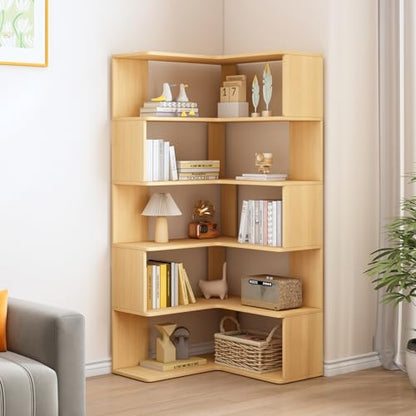 IOTXY 6-Tier L-Shaped Corner Bookshelf - 66" Tall Wooden Freestanding Bookcase with Open Shelf Units, Oak - color: Oak