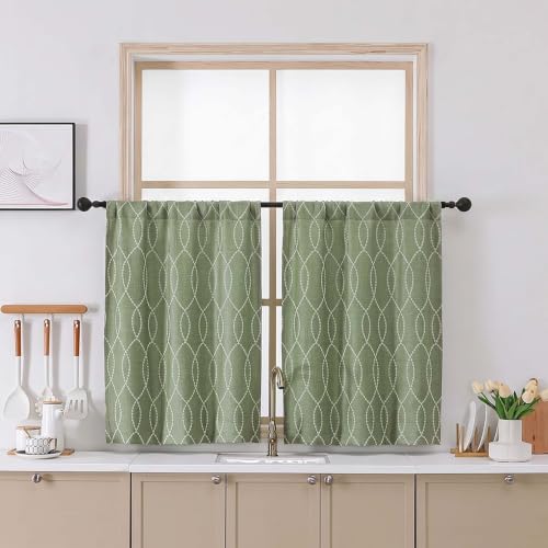 Chyhomenyc Short Curtains Tiers 30 Inch Length, 2 Packs | Light Filtering Faux Linen Half Window Cafe Curtains for Bathroom Laundry, Each 26Wx30L, Green with Beige 3D Wave Line - color: Green With Beige, size: 26"W x 30"L (Pack of 2)