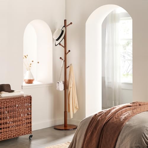 VASAGLE Solid Wood Coat Rack, Free Standing Hall Coat Tree with 7 Hooks, 3 Height Options, for Coats, Hats, Bags, Purses, for Entryway, Hallway, Rubberwood Hooks and Pole, Dark Walnut URCR07WN - color: Dark Walnut, style: Round Base + Spherical Hooks