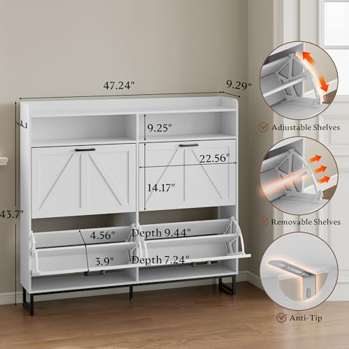 BORNOON Shoe Cabinet with 4 Flip Drawers Narrow Shoe Storage Cabinet Organizer Wooden Freestanding Shoe Rack Hidden Slim Shoes Storage Cabinet for Entryway, Hallway, Living Room, Bedroom - color: White, size: 4-Drawer