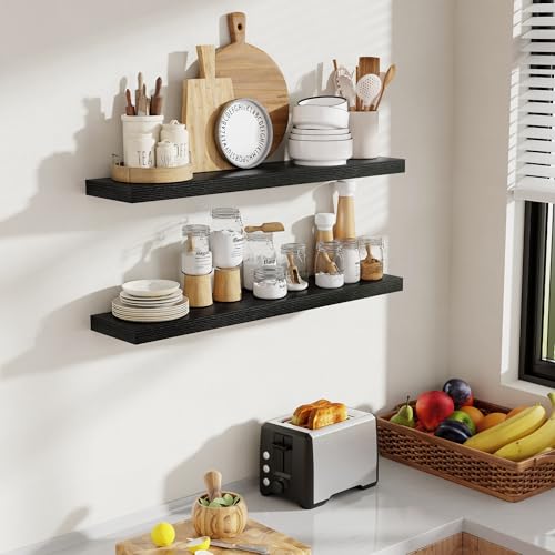 Acovy 36 Inch Floating Shelves, 8 Inch Deep Floating Shelves for Wall, Hanging Shelf with Invisible Brackets, Deep Shelves for Bathroom, Bedroom, Living Room, Black, Set of 2 - color: Black, size: 8"Wx36"L-2pcs