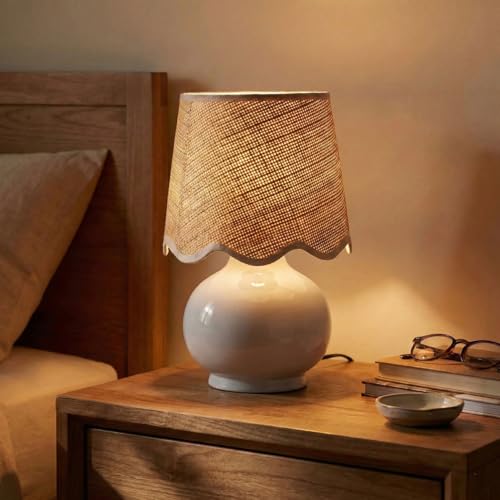 Benton Ceramic Table Lamp with Fabric Shade – 13" Bedside Accent Lamp for Bedroom, Living Room & Nightstand (White) - color: White