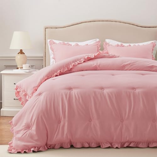 Pink Ruffle Comforter - Fluffy Full Size Comforter Set for All Seasons, 3 Pieces Shabby Chic Bedding Comforter Set(1 Comforter & 2 Pillow Shams) - color: Pink, size: Full