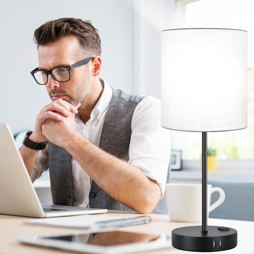 Lynnoland Set of 2 Touch Control Table Lamps with 2 USB & AC Outlet, 3-Way Dimmable Bedside Nightstand Lamps for Bedroom Living Room Nursery, 800 Lumens 5000K Daylight Bulbs Included - color: (2 Pack)White & Matte Black(Base)-5000K Bulbs Included
