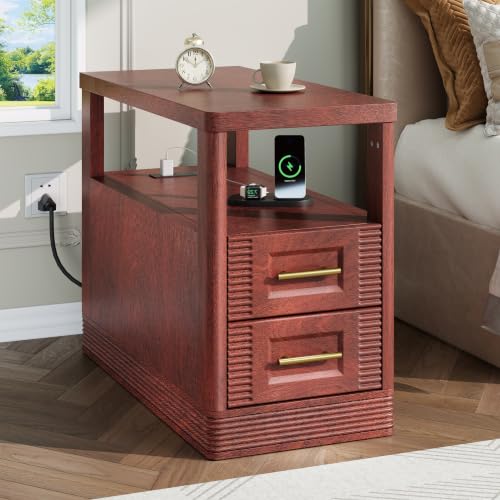 RECHHX Farmhouse End Table with Charging Station, Curved Wooden Side Table with 2 Storage Drawers for Small Space, Cherry Nightstand for Living Room, Bedroom - color: Cherry