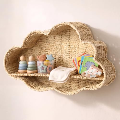 Cloud Nursery Wall Shelf Decor Boho Rattan Wicker Floating Shelves Handwoven Natural Rattan Hanging Organizer Storage Basket for Small Books Toys Nursery Bathroom Living Room Bedroom Corner - style: Cloud