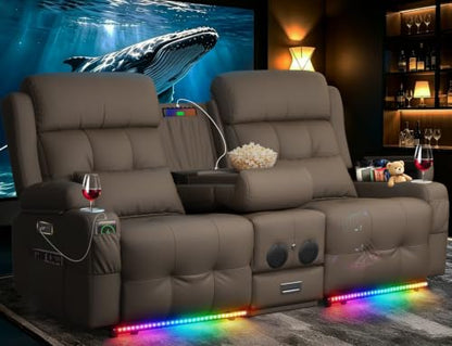 Home Theater Seating, Power Loveseat Recliner Sofa with Massage & Heat | Wall Hugger Reclining Loveseat with USB, RV Couch with LED Lights, Flip Backrest, Cup Holders for Movie Theater, Gaming Room - color: Pebbled Khaki Brown, size: 72" - 2 Seats