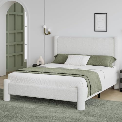 REVOMINCA Full Boucle Bed Frame with Headboard & Footboard, White | Upholstered platform frame has soft rounded corners, no box spring required and easy assembly. - color: White, size: Full