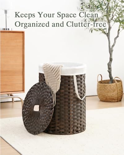 SETVSON Laundry Hamper with Lid 23.8 Gal (90 L) PE Rattan, Brown | Family Clothes & Blanket Trunk with Lid, Removable Liner Bag with Handles, 2 Mesh Wash Bags, Collapsible Steel Frame - color: Brown, size: 90 L