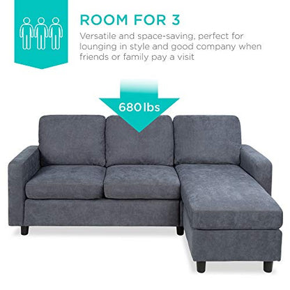 Best Choice Products Upholstered Sectional Sofa for Home, Apartment, Dorm, Bonus Room, Compact Spaces w/Chaise Lounge, 3-Seat, L-Shape Design, Reversible Ottoman Bench, 680lb Capacity - Blue/Gray - color: Linen - Blue/Gray
