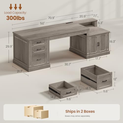 SEDETA Farmhouse 70.9" Executive Desk, Home Office Desk with File Drawers and Storage Cabinet, Computer Desk with Power Outlet for Home Office, Work Study Writing, Gray - color: Grey, size: 70.9" Executive Desk