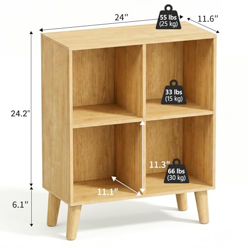 4 Cube Storage Organizer with Legs, 2 Tier Cube Low Bookcase Freestanding Storage Display Organizer for Home Office, Four-Cubes Open Shelf Short Bookshelf (Natural Oak, 4 Cube) - color: Natural Oak, size: 4 Cube