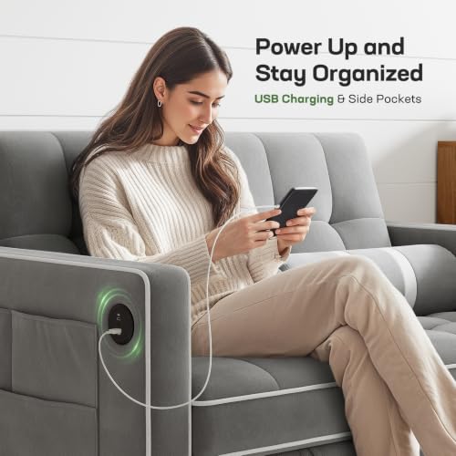 Marsail 3-in-1 Convertible Futon Sleeper Sofa Bed, Pull Out Couch with Adjustable Backrest, USB Charging & Side Pockets, Velvet Fabric Sofa for Living Room, Apartment, Loveseat, Grey - color: Grey