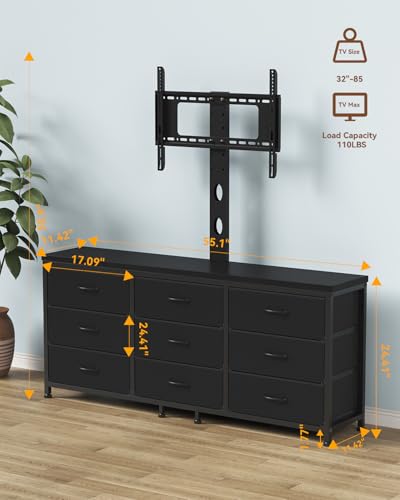 TV Stand with Mount for 32/55/65/75/85 inch TVs, Entertainment Center with 9 Fabric Drawers Dresser Storage, Height Adjustable Media Console - color: Black