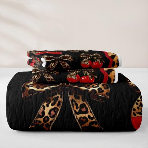 Chic Leopard Bowknot Kids Quilt Set King Size,Cute Cherry Fruits Quilted Bedspread,Leopard Print Quilted Coverlet with 2 Pillow Sham,Black Red Bed Covers for All Season - color: Black Red, size: King