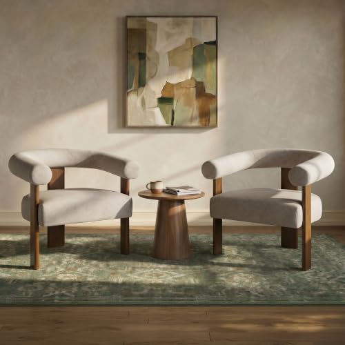 VKNOW Barrel Accent Chair, Vanity Chair with Armrests and Walnut Wood Legs | Mid Century Modern Upholstered Living Room Chairs with Open Back, Faux Mohair Fabric, for Living Room, Bedroom, Brown - color: Brown(walnut Legs), size: Set of 1