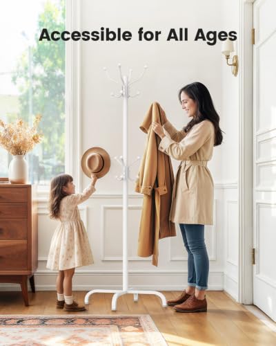 Pipishell Metal Coat Rack Freestanding with 14 Hooks, White | Durable metal frame, stable four-point base, 2 hook heights for adults and kids, smooth rods & hooks prevent clothing snags - color: white
