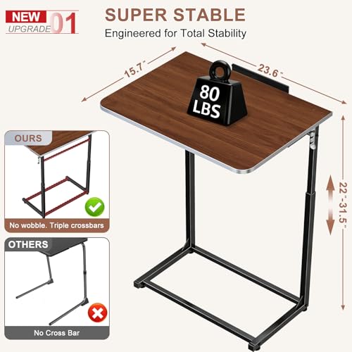 Tv Tray Table,Extra Large Dinner Food Tray Table,Couch & Bed Eating Desk,Heavy Duty Folding Laptop Side Table with 8Height&90° Tilt Adjustable,C-Shaped End Table with Phone/Tablet Slot Walnut - color: Walnut Wood Color, size: 1 Pack