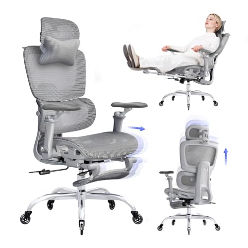 Office Chair with Footrest, Ergonomic Chair with 3D Headrest, Computer Chair with Adjustable Backrest & 6D Armrest, Gaming Chair with Adaptive Lumbar Support, Adjustable Seat Depth, Grey - color: Grey, style: Plus