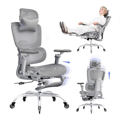 Office Chair with Footrest, Ergonomic Chair with 3D Headrest, Computer Chair with Adjustable Backrest & 6D Armrest, Gaming Chair with Adaptive Lumbar Support, Adjustable Seat Depth, Grey - color: Grey, style: Plus