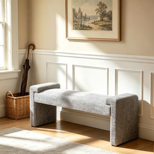 Upholstered Entryway Bench, 58.7" Modern Bedroom Bench, Grey | Sherpa Fleece, Curved Armrests, Solid Wood Frame, End of Bed, Bedroom, Living Room, Hallway - color: Grey-sherpa, size: 58.7"