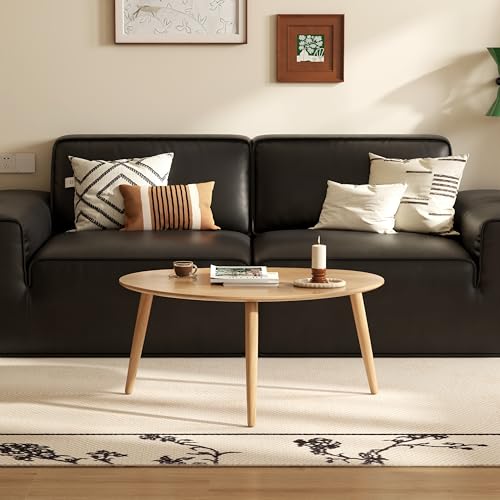 Small Oval Coffee Table, 33.5" Mid Century Modern Coffee Table for Living Room, 100% Solid Oak Wood Side Table, Center Table (Original Wood Color, 33.46''Wx22.83''Dx15.74''H) - color: Original Wood Color, size: Large - 1 Piece