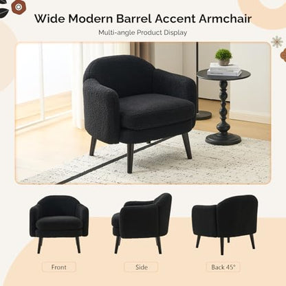 VINGLI 30.3" Wide Modern Barrel Accent Armchairs Set of 2 with Track Armrest, Solid Wooden Legs, Comfy Upholstered Club Chairs, Single Home Sofa for Living Room, Bedroom, Reading,Teddy Fleece Black - color: Black