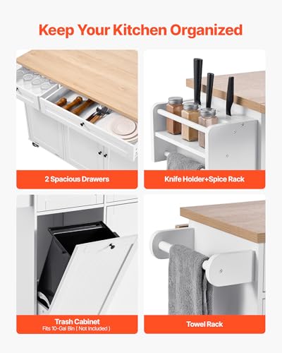 VEVOR Kitchen Island Cart with Storage, 60in Wide Mobile Kitchen Cart with Wheels, Drop Leaf, 2 Drawers, Trash Can Cabinet, Knife Holder, Spice Rack, and Towel Rack, Table for Dining Room, Pantry - size: 60.24"D x 27.56"W x 35.43"H, style: Moveable 1 Cash