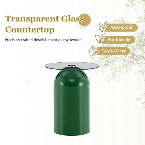 15.7" Round Side Table with Tempered Glass Top, Modern Small Glass Coffee Table with Carbon Steel Base for Living Room, End Table for Office, Easy Assembly, Green - color: 15.7" Side Table, Green