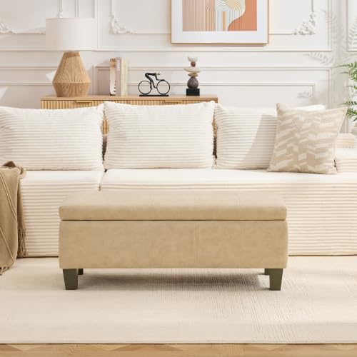 41" Storage Ottoman, Storage Bench with Safety Hinge, Upholstered Synthetic Leather Ottoman Bench for Bedroom, Living Room, Entryway, Hallway, Foot Rest, Support 500lbs - color: Beige, size: 41 inch