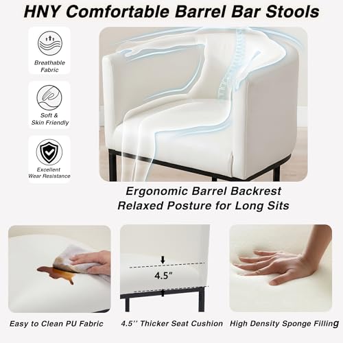 HNY White Modern Barrel Counter Height Clearance Bar Stools Set of 2, 24 Inch PU Leather Kitchen Barstools with Back for Island, with Black Metal Tubular Frame - color: 24inch White,black Base