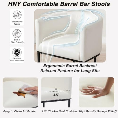 HNY White Modern Barrel Counter Height Clearance Bar Stools Set of 2, 24 Inch PU Leather Kitchen Barstools with Back for Island, with Black Metal Tubular Frame - color: 24inch White,black Base