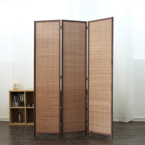 3 Panel Bamboo Room Divider - 5.6 ft Tall Folding Privacy Screen for Room Separation, Natural Brown Freestanding Partition Wall for Home Office (67" H x 46" W) - color: Brown, size: 3 Panel
