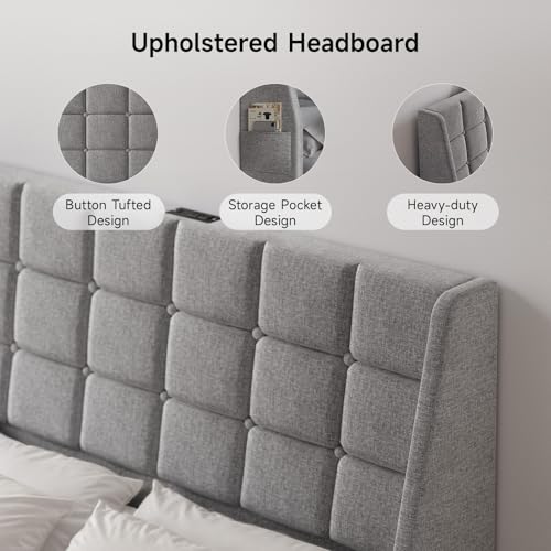 Ergonomic Upholstered Full Size Headboard w/Charging Station, Linen Wingback Headboards w/Storage Pocket, Full Headboard Only, Bed Frame Adapters, Sturdy Solid Wood Bed Head Board, Light Grey - color: Gray, size: Full