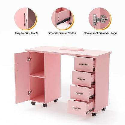 OmySalon Manicure Table Nail Desk with Cabinet, Drawers, Wheels & Wrist Rest, Spa Salon Beauty Home Wooden Technician Workstation for Nail Tech, Pink - color: Pink