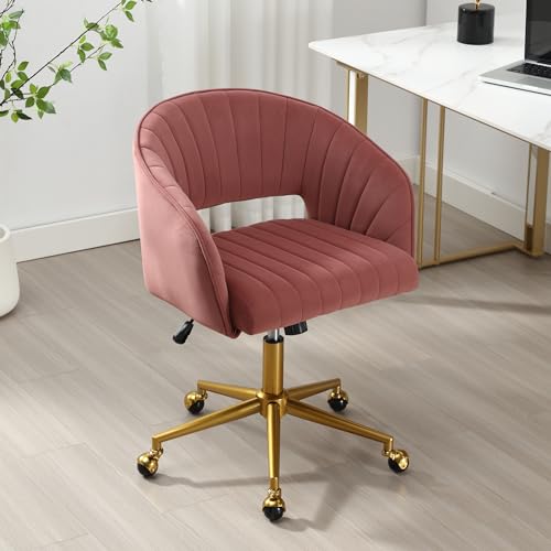 Desk Chair with Wheels, Gold Base, Velvet Accent Vanity Armchair, Rose Red | Spacious‌ Soft Seat, Swivel Height Adjustable, Rocking Function, Modern Stripe for Girls &Women Bedroom Makeup or Nail - color: Rose Red Velvet