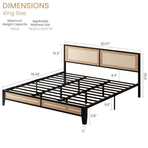 LIKIMIO King Rattan Bed Frame with Headboard, Boho Metal Platform Bed | Rattan headboard, 1100 lb support, metal slats, EVA pads, 9.8-inch underbed clearance, no box spring needed. - size: King