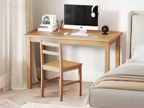 Small Desk with Chair, 43.3" Solid Wood Home Office Desk and Chair Set, Farmhouse Computer Desk with Chairs for Small Spaces, Study Table for Bedroom, Workstation for Home Office, Natural - size: 43.3" Desk with Chair