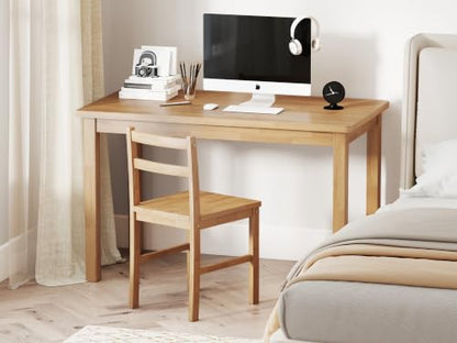 Small Desk with Chair, 43.3" Solid Wood Home Office Desk and Chair Set, Farmhouse Computer Desk with Chairs for Small Spaces, Study Table for Bedroom, Workstation for Home Office, Natural - size: 43.3" Desk with Chair