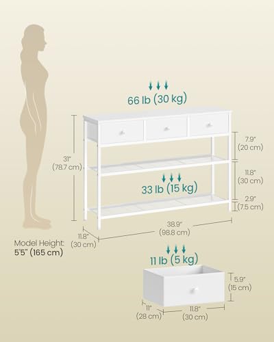 SONGMICS Console Table, Narrow Sofa Table with 2 Mesh Shelves | For Entryway, Living Room, 3 Fabric Drawers, Cloud White, BELLAH Collection ULGS098W101 - color: Cloud White, size: 11.8"D x 38.9"W x 31"H (3 Drawers)