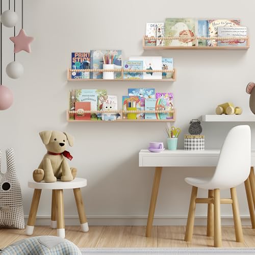 birola Nursery Shelves with Beads Design - 32 Inches Wall Book Shelves Set of 3, Space-Saving Nursery Book Shelves for Kids Room, Bedroom and Study Room(Natural)