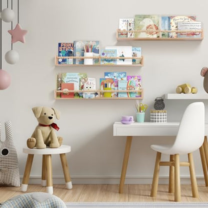 birola Nursery Shelves with Beads Design - 32 Inches Wall Book Shelves Set of 3, Space-Saving Nursery Book Shelves for Kids Room, Bedroom and Study Room(Natural)