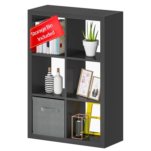 furtble Bookshelf with Storage Bins, 6 Cube Storage Organizer, Modern Wood Bookcase, Multifunctional Display Shelf for Living Room (Matte Black, 6 Cube) - color: Matte Black, size: 6 cube