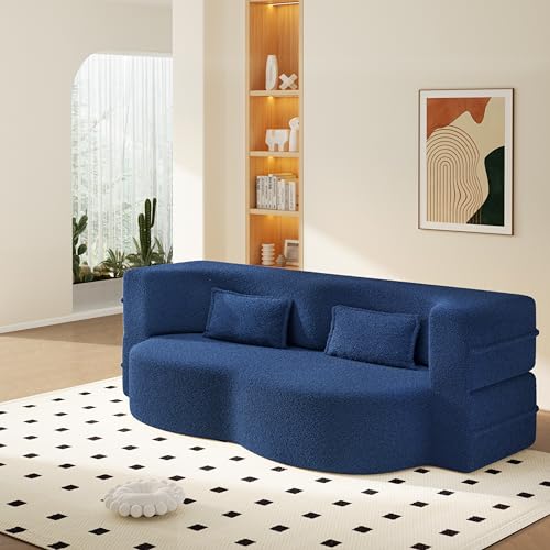 JOYBASE 78" Folding Sofa Bed, Twin Size Futon Boneless Couch, Blue | Easy Bed Conversion, No Assembly Required, Curved Backrest, Deep Seating, High-Density Foam, Matching Pillows